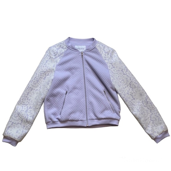 Lucy Paris Quilted Bomber Jacket With Lace Sleeves Lavender Medium - Picture 5 of 8